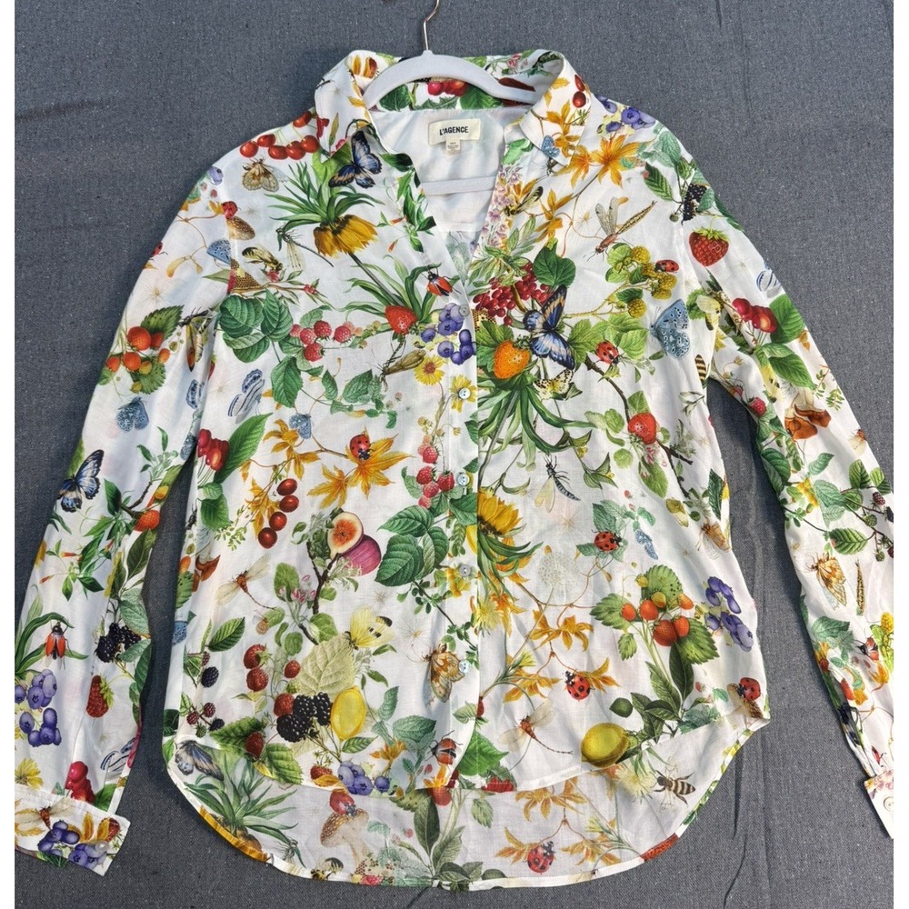 L' AGENCE Collared V Holly Blouse XS Long SL Botanical Butterflies Lightweight